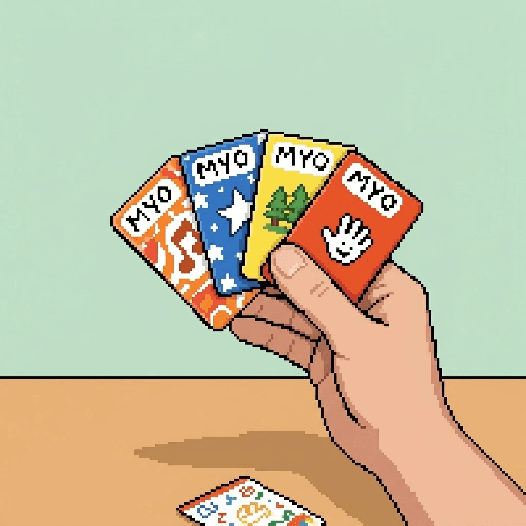 Pixel art of a hand holding a fan of four colourful Yoto Make Your Own cards, each with an MYO label, and another card on the table