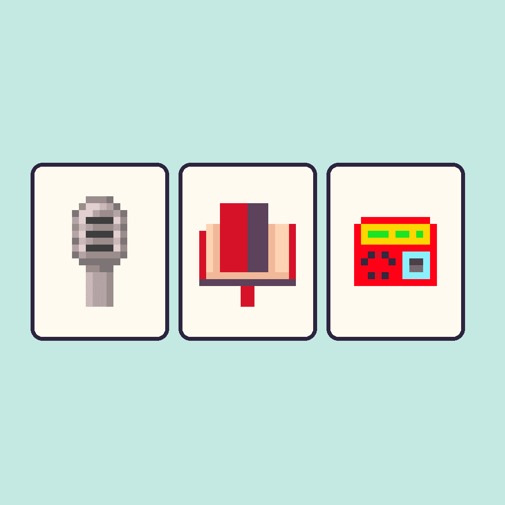 Pixel-art icons of a microphone, an open book and a radio, each on its own card