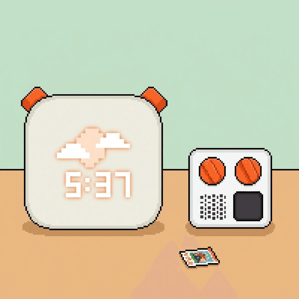 Pixel art of the large square Yoto Player showing a clock and a cloud, beside the small Yoto Mini, with a card on the table