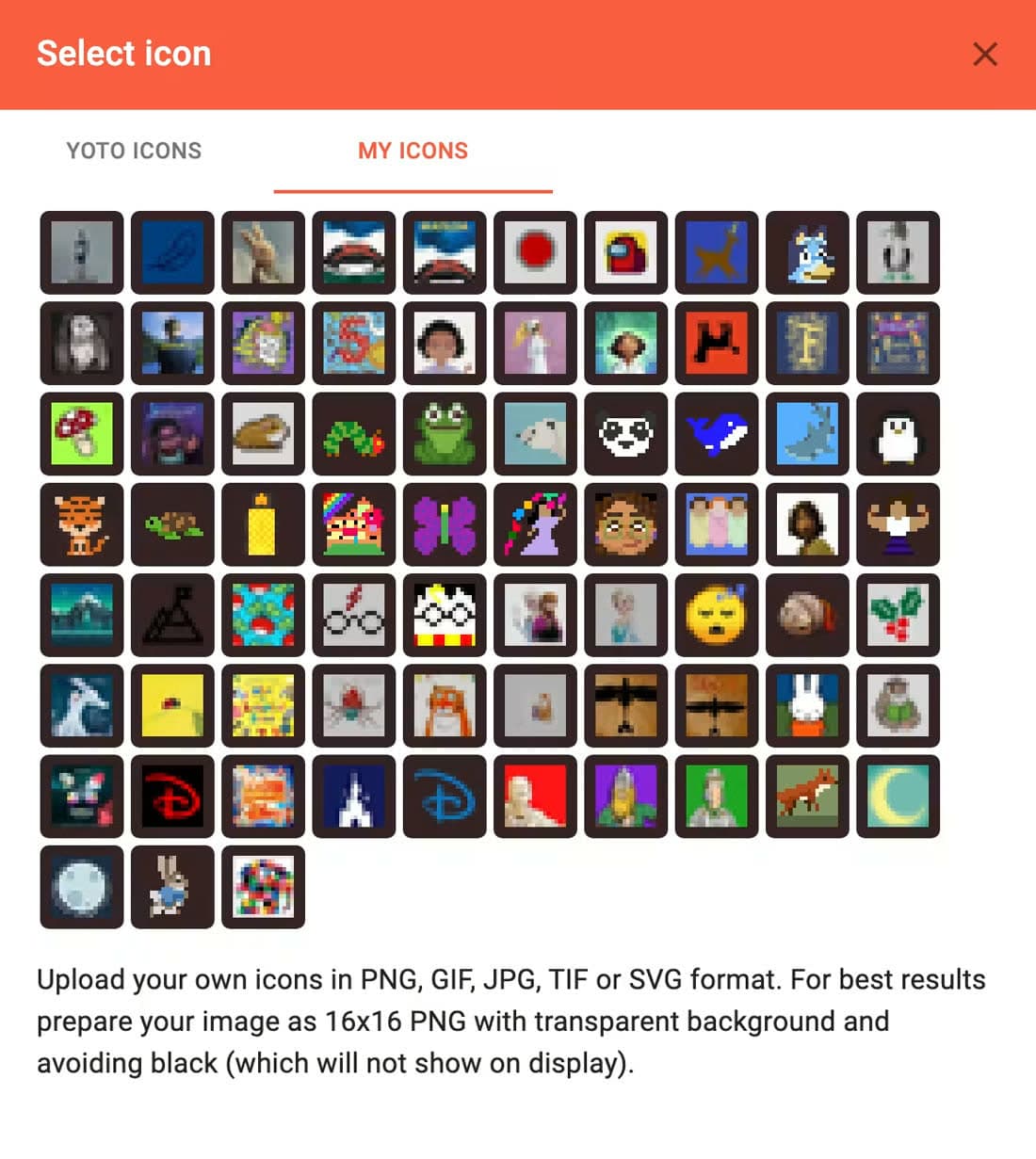 The Select icon dialog in the Yoto app, on the My Icons tab, showing a grid of uploaded icons and the upload instructions