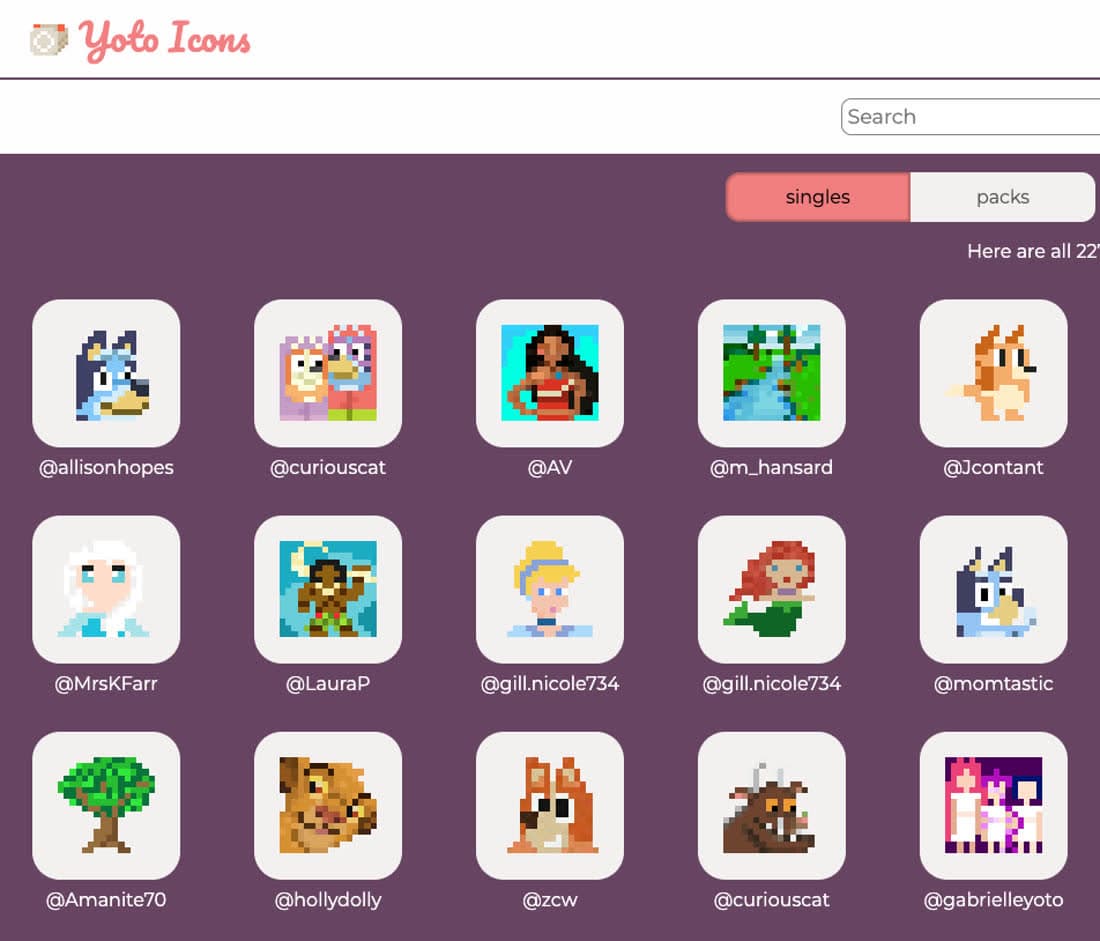 The yotoicons.com library, showing rows of user-uploaded 16 by 16 icons with the username of each uploader