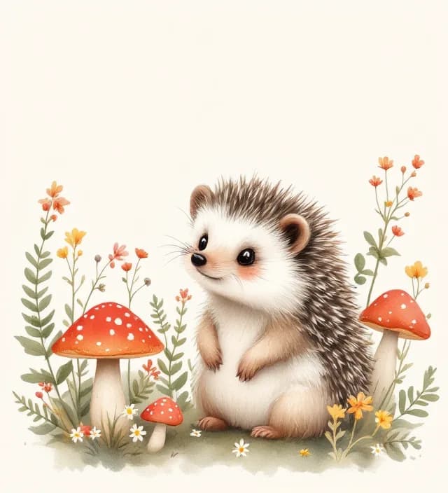 Hedgehog beside red toadstools