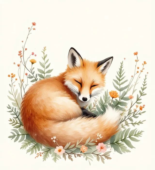 Fox curled up asleep in ferns