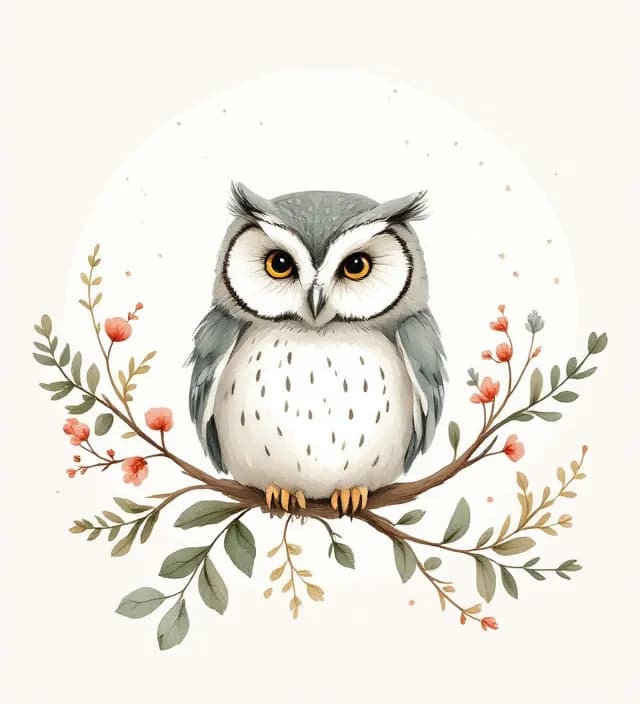 Owl perched on an oak branch