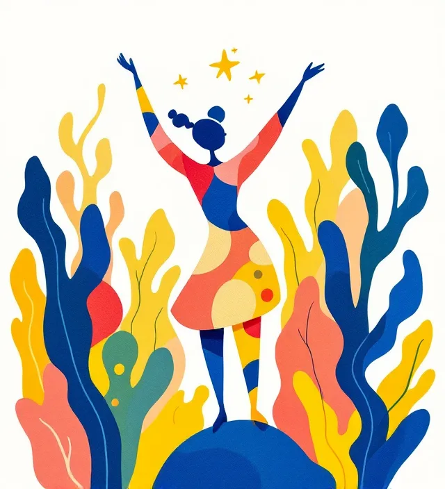 Paper cut-out dancer among seaweed