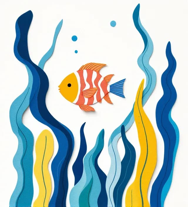 Paper cut-out fish among wavy seaweed