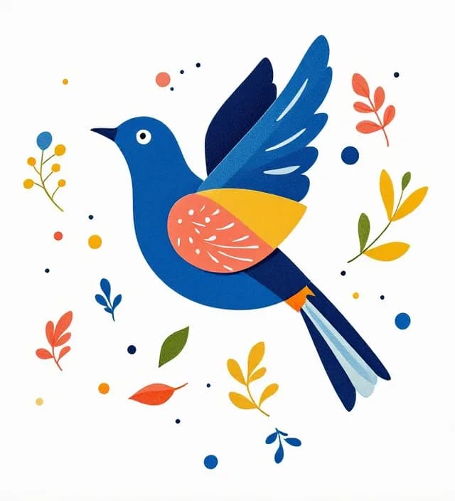 Paper cut-out bird in flight with leaves