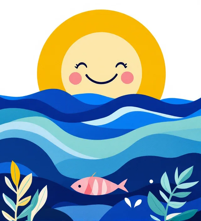 Smiling paper sun over blue waves
