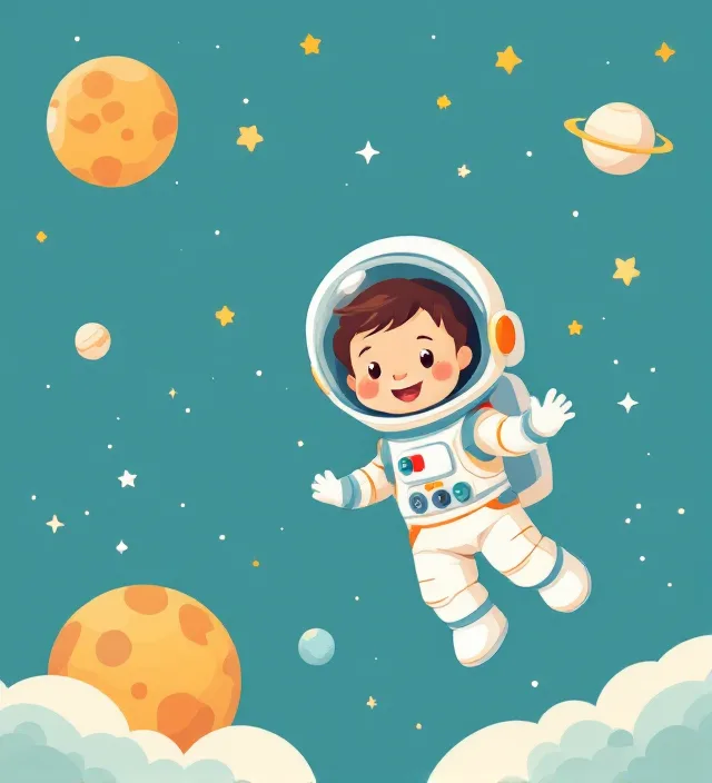Child astronaut floating and waving