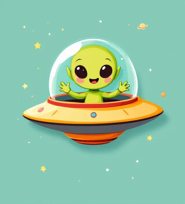Green alien waving from a flying saucer