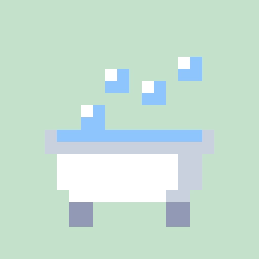An animated pixel-art bathtub on a mint background, with bubbles rising from the water